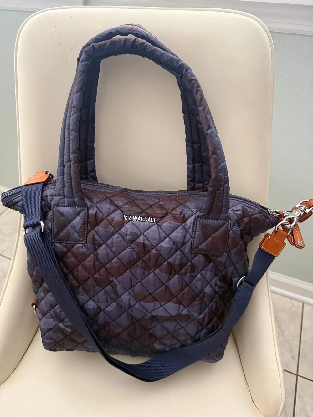 MZ Wallace Sutton Quilted Tote in Dark Navy Camo with Matching Pouch 229